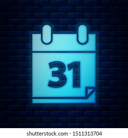 Glowing neon Calendar with Halloween date 31 october icon isolated on brick wall background. Happy Halloween party.  Vector Illustration