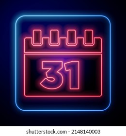 Glowing neon Calendar with Halloween date 31 october icon isolated on blue background. Happy Halloween party.  Vector