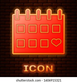 Glowing neon Calendar with heart icon isolated on brick wall background. Valentines day. Love symbol. February 14.  Vector Illustration