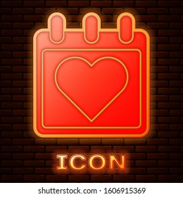 Glowing neon Calendar with heart icon isolated on brick wall background. Valentines day. Love symbol. February 14.  Vector Illustration