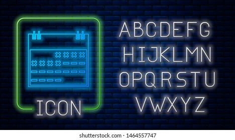 Glowing neon Calendar icon isolated on brick wall background. Neon light alphabet. Vector Illustration