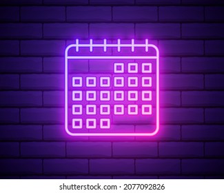 Glowing neon Calendar icon isolated on brick wall background. Vector Illustration.