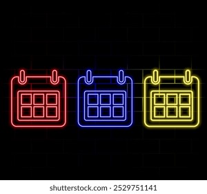 Glowing neon Calendar icon isolated on brick wall background. Event reminder symbol. Vector.