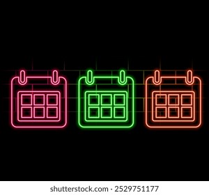 Glowing neon Calendar icon isolated on brick wall background. Event reminder symbol. Vector.2.