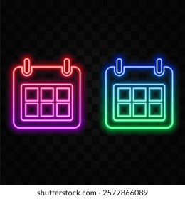 Glowing neon calendar icon isolated on blue background. Event reminder symbol. Vector illustration.