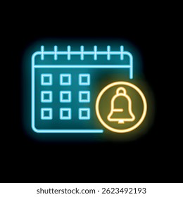 Gloeiende neon kalender pictogram met belsignaal symbool dat een aankomende gebeurtenis of deadline
