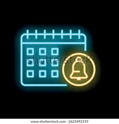 Glowing neon calendar icon with ringing bell symbol representing an upcoming event or deadline