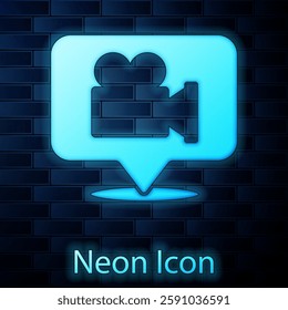Glowing neon Camera and location pin icon isolated on brick wall background.  Vector