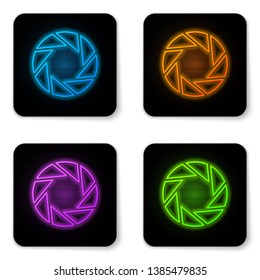 Glowing neon Camera shutter icon isolated on white background. Black square button. Vector Illustration