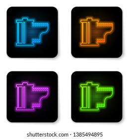 Glowing neon Camera vintage film roll cartridge icon isolated on white background. Film reel icon. 35mm film canister. Filmstrip photographer equipment. Black square button. Vector Illustration