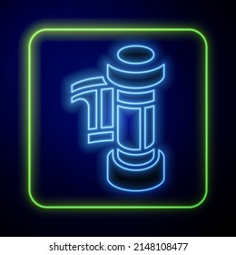 Glowing Neon Camera Vintage Film Roll Cartridge Icon Isolated On Blue Background. 35mm Film Canister. Filmstrip Photographer Equipment.  Vector