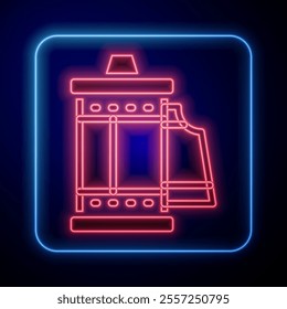 Glowing neon Camera vintage film roll cartridge icon isolated on black background. 35mm film canister. Filmstrip photographer equipment.  Vector