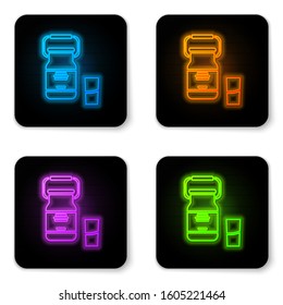 Glowing neon Can container for milk and glass icon isolated on white background. Black square button. Vector Illustration