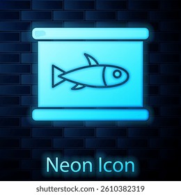 Glowing neon Canned fish icon isolated on brick wall background.  Vector