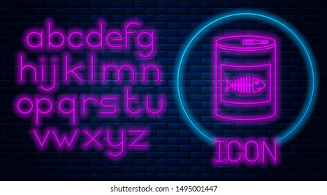 Glowing neon Canned food for cat icon isolated on brick wall background. Fish skeleton sign. Food for animals. Pet dog food can. Neon light alphabet. Vector Illustration