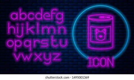 Glowing neon Canned food for dog icon isolated on brick wall background. Food for animals. Pet dog food can. Neon light alphabet. Vector Illustration