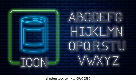 Glowing neon Canned food icon isolated on brick wall background. Food for animals. Pet food can. Neon light alphabet. Vector Illustration