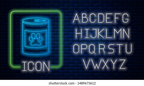 Glowing neon Canned food icon isolated on brick wall background. Food for animals. Pet food can. Dog or cat paw print. Neon light alphabet. Vector Illustration