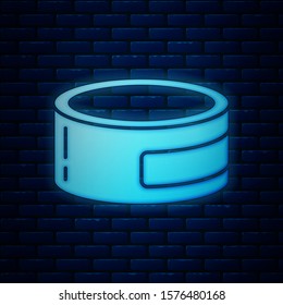 Glowing neon Canned food icon isolated on brick wall background. Food for animals. Pet food can.  Vector Illustration