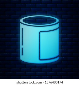 Glowing neon Canned food icon isolated on brick wall background. Food for animals. Pet food can.  Vector Illustration