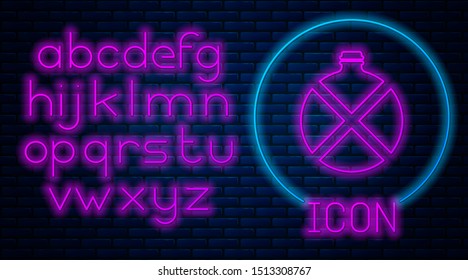 Glowing neon Canteen water bottle icon isolated on brick wall background. Tourist flask icon. Jar of water use in the campaign. Neon light alphabet. Vector Illustration