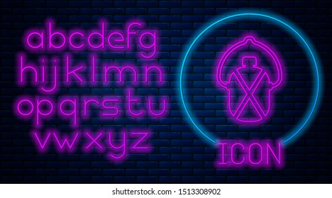 Glowing neon Canteen water bottle icon isolated on brick wall background. Tourist flask icon. Jar of water use in the campaign. Neon light alphabet. Vector Illustration