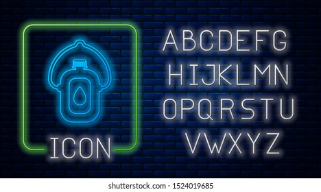 Glowing neon Canteen water bottle icon isolated on brick wall background. Tourist flask icon. Jar of water use in the campaign. Neon light alphabet. Vector Illustration