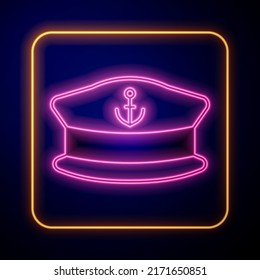 Glowing neon Captain hat icon isolated on black background.  Vector