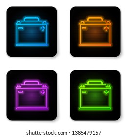 Glowing neon Car battery icon isolated on white background. Accumulator battery energy power and electricity accumulator battery. Black square button. Vector Illustration