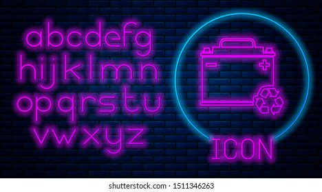 Glowing neon Car battery with recycle icon isolated on brick wall background. Accumulator battery energy power and electricity accumulator battery. Neon light alphabet. Vector Illustration
