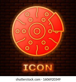 Glowing neon Car brake disk with caliper icon isolated on brick wall background.  Vector Illustration