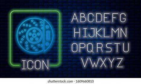 Glowing neon Car brake disk with caliper icon isolated on brick wall background. Neon light alphabet. Vector Illustration