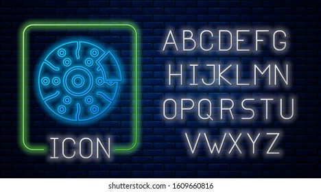 Glowing neon Car brake disk with caliper icon isolated on brick wall background. Neon light alphabet. Vector Illustration