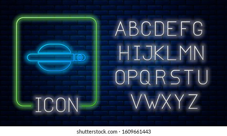 Glowing neon Car door handle icon isolated on brick wall background. Neon light alphabet. Vector Illustration