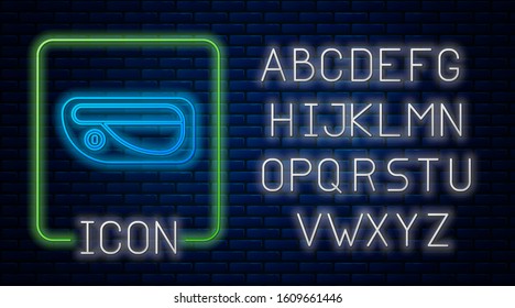 Glowing neon Car door handle icon isolated on brick wall background. Neon light alphabet. Vector Illustration