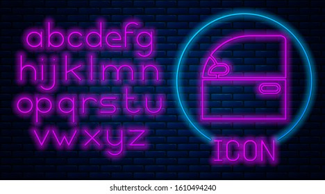 Glowing neon Car door icon isolated on brick wall background. Neon light alphabet. Vector Illustration