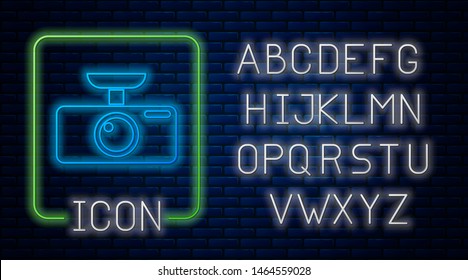 Glowing neon Car DVR icon isolated on brick wall background. Car digital video recorder icon. Neon light alphabet. Vector Illustration