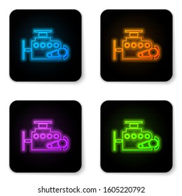 Glowing neon Car engine icon isolated on white background. Black square button. Vector Illustration