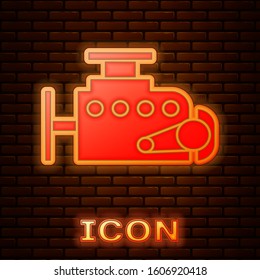 Glowing neon Car engine icon isolated on brick wall background.  Vector Illustration