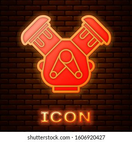 Glowing neon Car engine icon isolated on brick wall background.  Vector Illustration