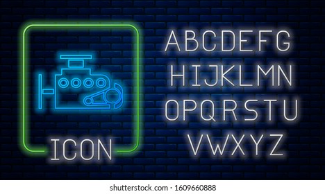 Glowing neon Car engine icon isolated on brick wall background. Neon light alphabet. Vector Illustration