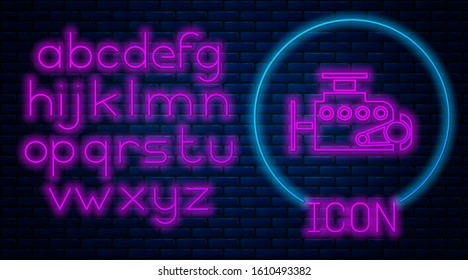 Glowing neon Car engine icon isolated on brick wall background. Neon light alphabet. Vector Illustration