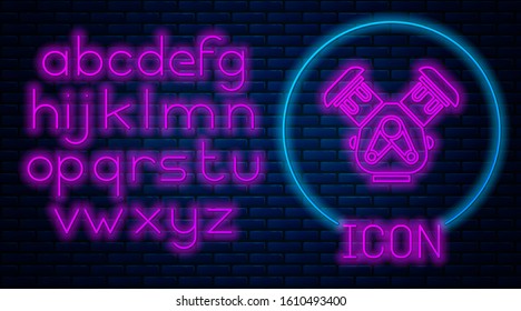 Glowing neon Car engine icon isolated on brick wall background. Neon light alphabet. Vector Illustration