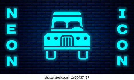 Glowing neon Car icon isolated on brick wall background. Front view.  Vector