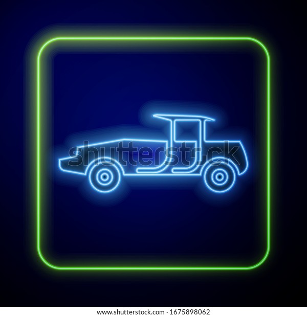 Glowing neon Car icon isolated on blue\
background.  Vector\
Illustration
