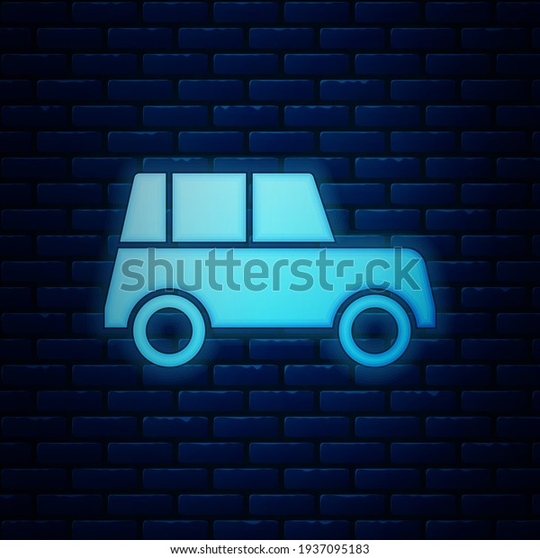 Glowing neon Car icon isolated on brick wall\
background. Front view. \
Vector