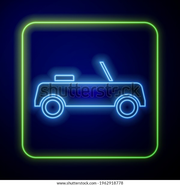 Glowing neon Car icon isolated on blue background.\
Front view.  Vector