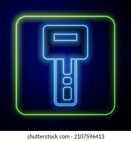 Glowing Neon Car Key With Remote Icon Isolated On Blue Background. Car Key And Alarm System.  Vector