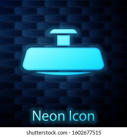 Glowing neon Car mirror icon isolated on brick wall background.  Vector Illustration