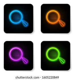 Glowing neon Car mirror icon isolated on white background. Black square button. Vector Illustration